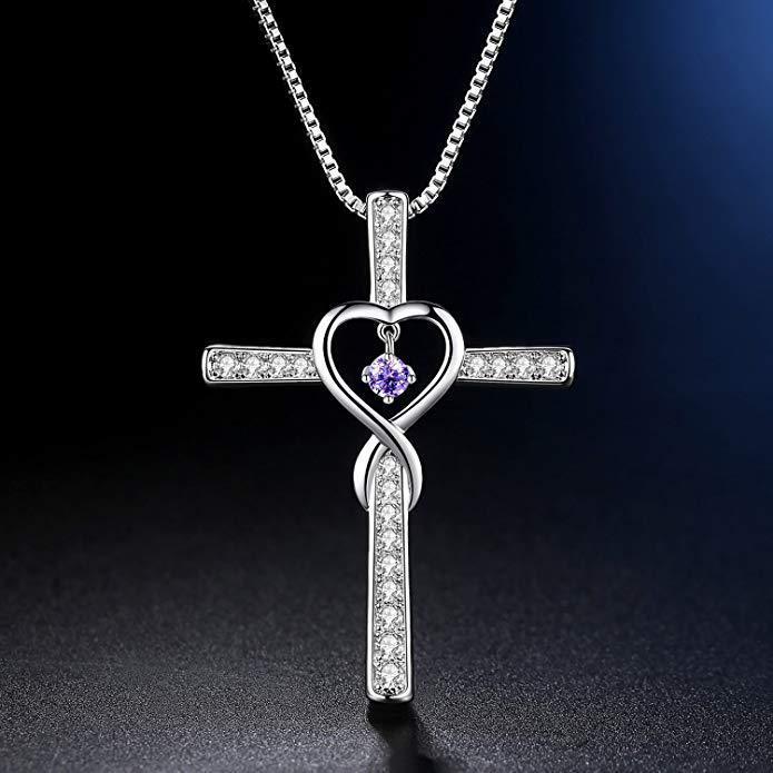 Infinity Love God We Trust Christian Cross Birthstone Crystal Pendant Necklace