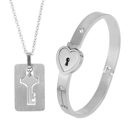 Couple Love Lock Bracelet & Key Necklace Set