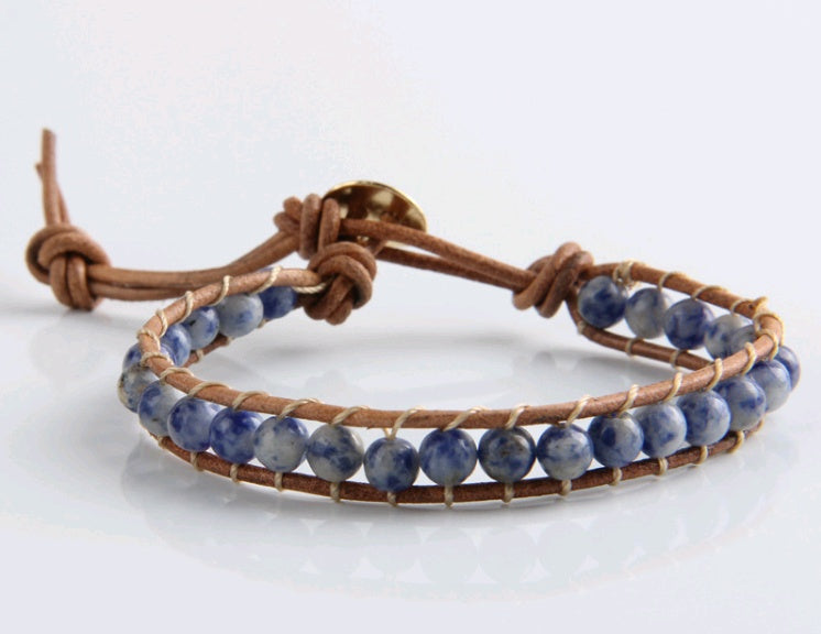Handmade White Point Blue Natural Stone Leather Woven Bracelet