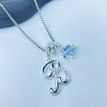 A-Z Alphabet Elegant Blue Heart Necklace with Zircons