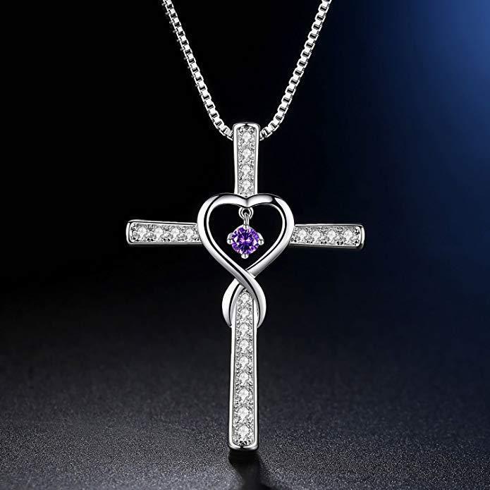 Infinity Love God We Trust Christian Cross Birthstone Crystal Pendant Necklace