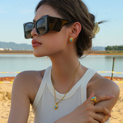 Gold Stainless Steel Turquoise Hammered Jewelry Set