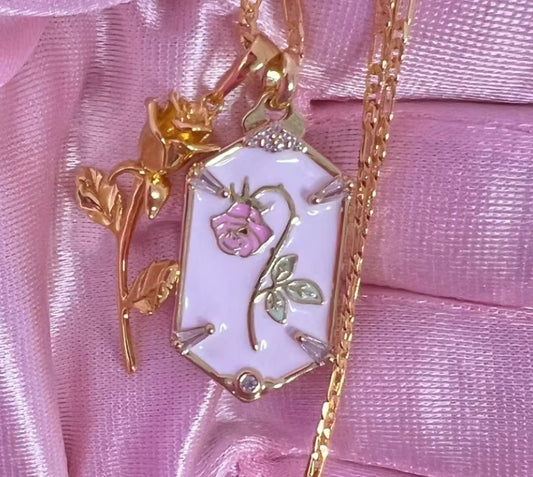 Retro Double Rose and Leaf Pendant Necklace