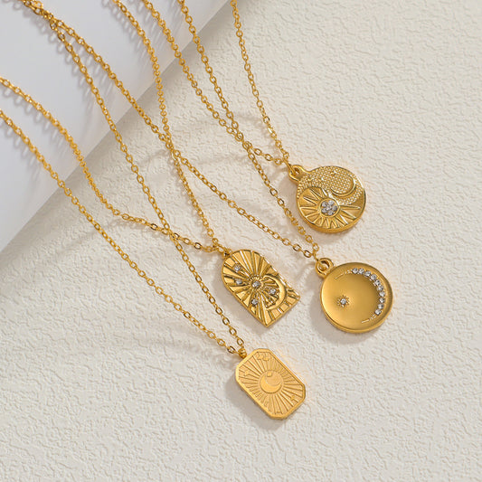 Gold Stainless Steel Zircon Star & Moon Pendant Necklace