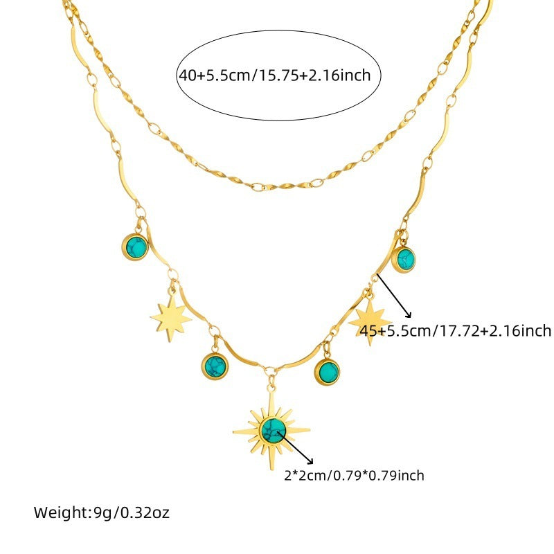 Retro Double-Layer Turquoise Eight-Pointed Star Clavicle Necklace