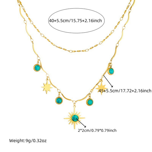 Retro Double-Layer Turquoise Eight-Pointed Star Clavicle Necklace