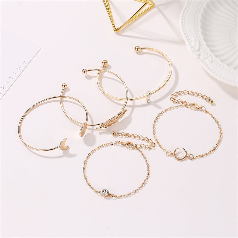 Five-Piece Punk Moon Leaf Crystal Protein Bracelet Set