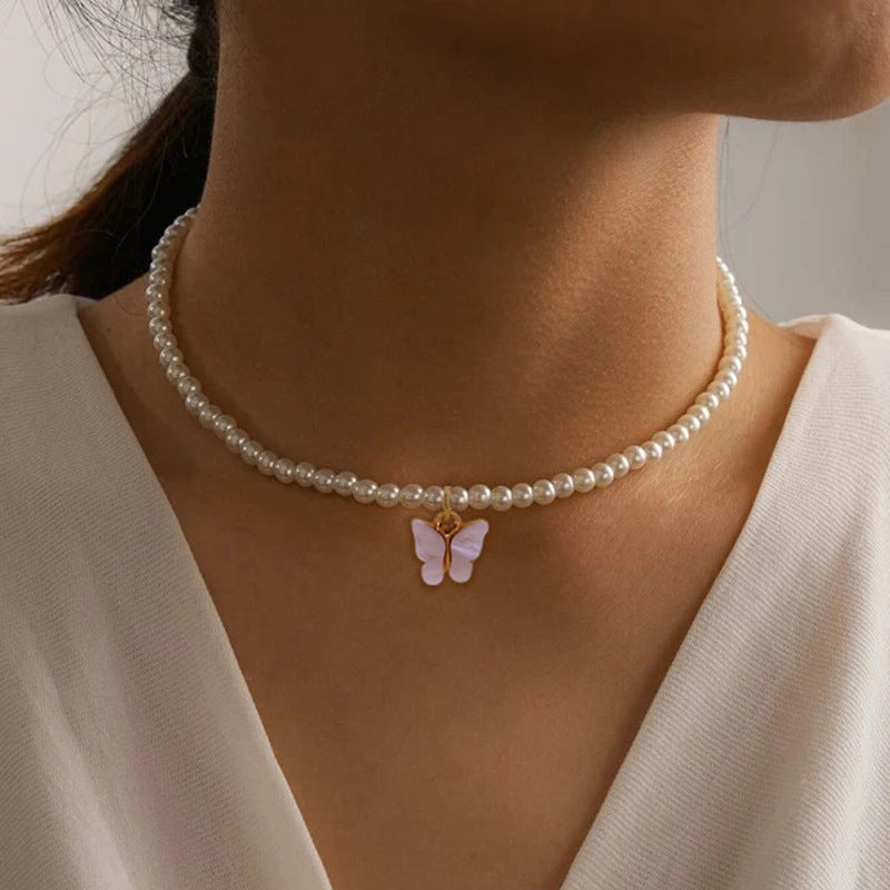 White Pearl Butterfly Choker Necklace