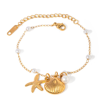 Shell & Starfish Pendant Pearl Chain Necklace and Bracelet Set