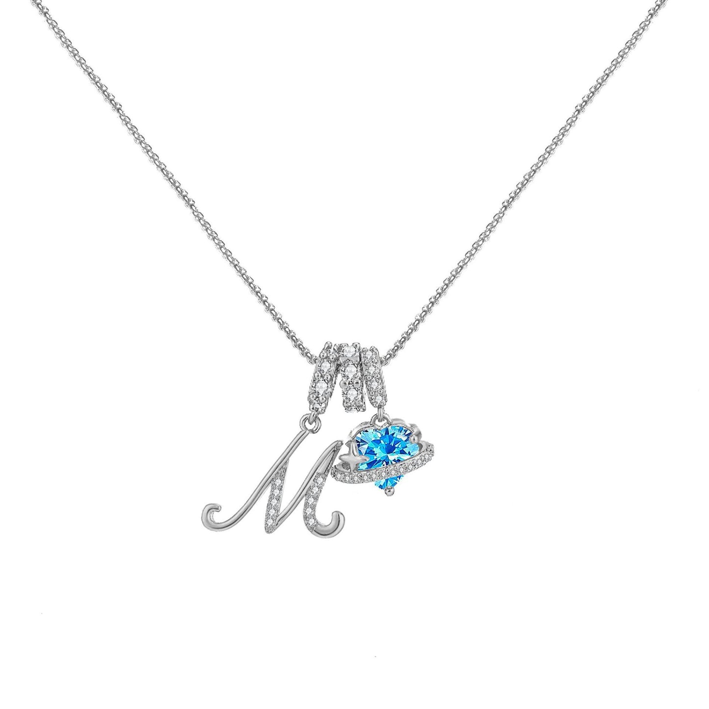 A-Z Alphabet Elegant Blue Heart Necklace with Zircons