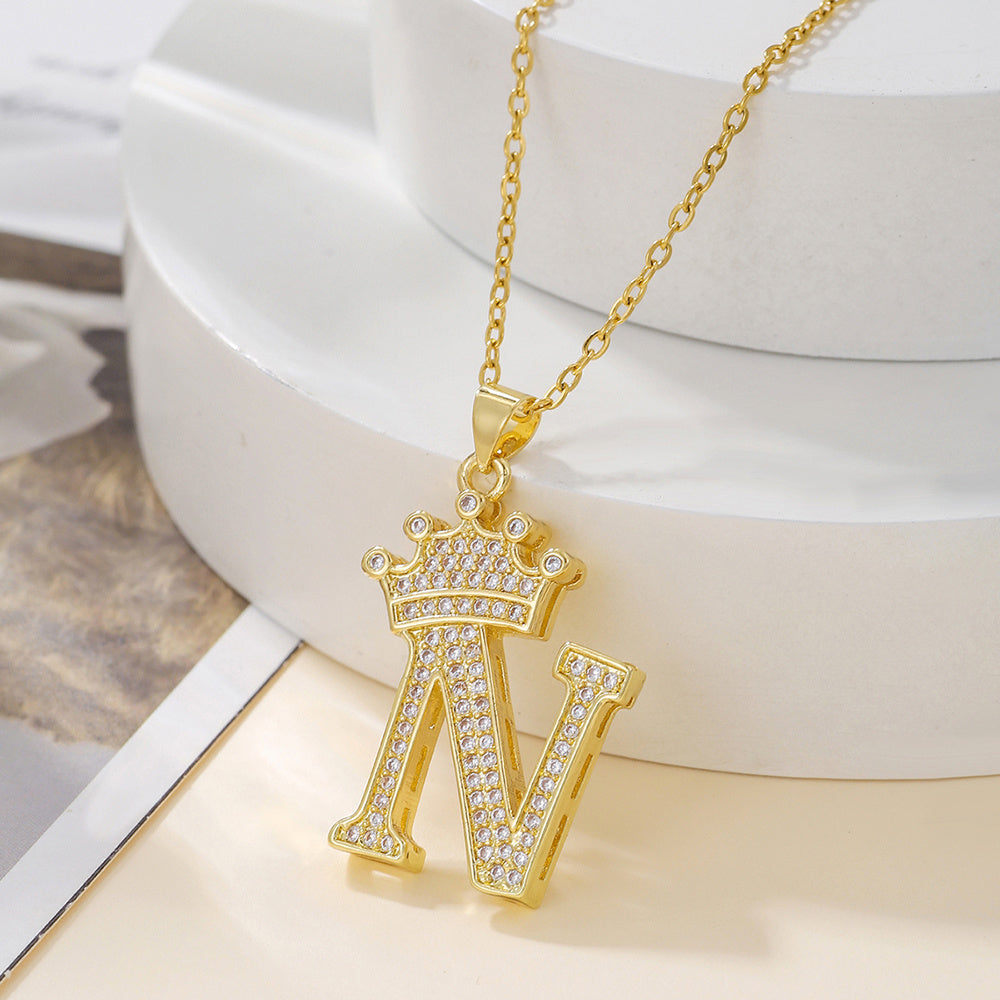 Gold Crown A-Z Pendant Necklace