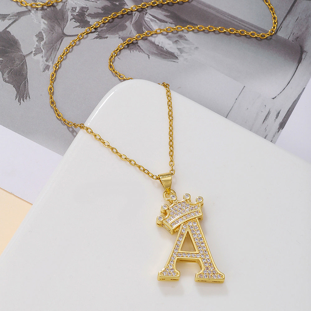 Gold Crown A-Z Pendant Necklace