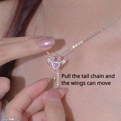 Moving Cupid Heart Angel Wings Necklace
