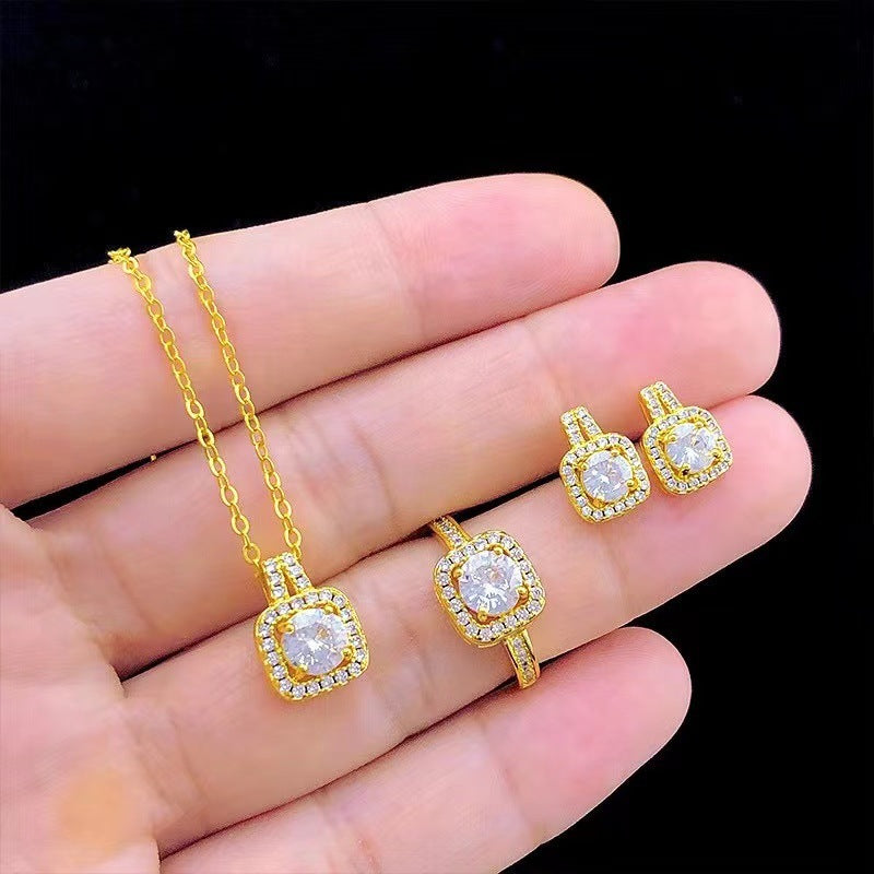 Fashion Jewellery Set for Women – Gold Colour Zircon Gem Pendant Necklace, Choker, Stud Earrings & Statement Wedding Ring