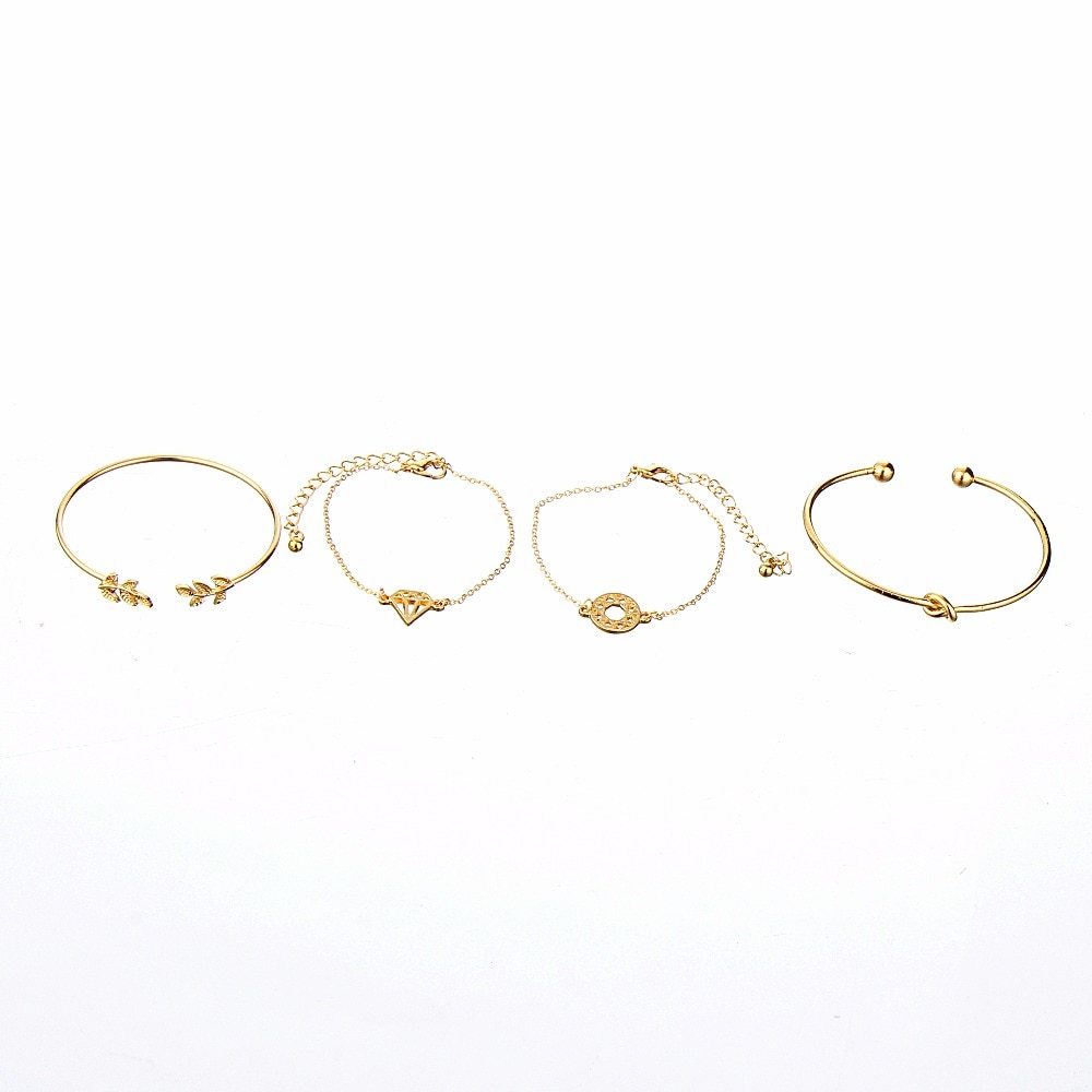 Bohemia Leaf Knot Hand Cuff Link Chain Bracelet Set, 4Pcs