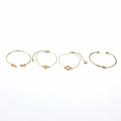 Bohemia Leaf Knot Hand Cuff Link Chain Bracelet Set, 4Pcs