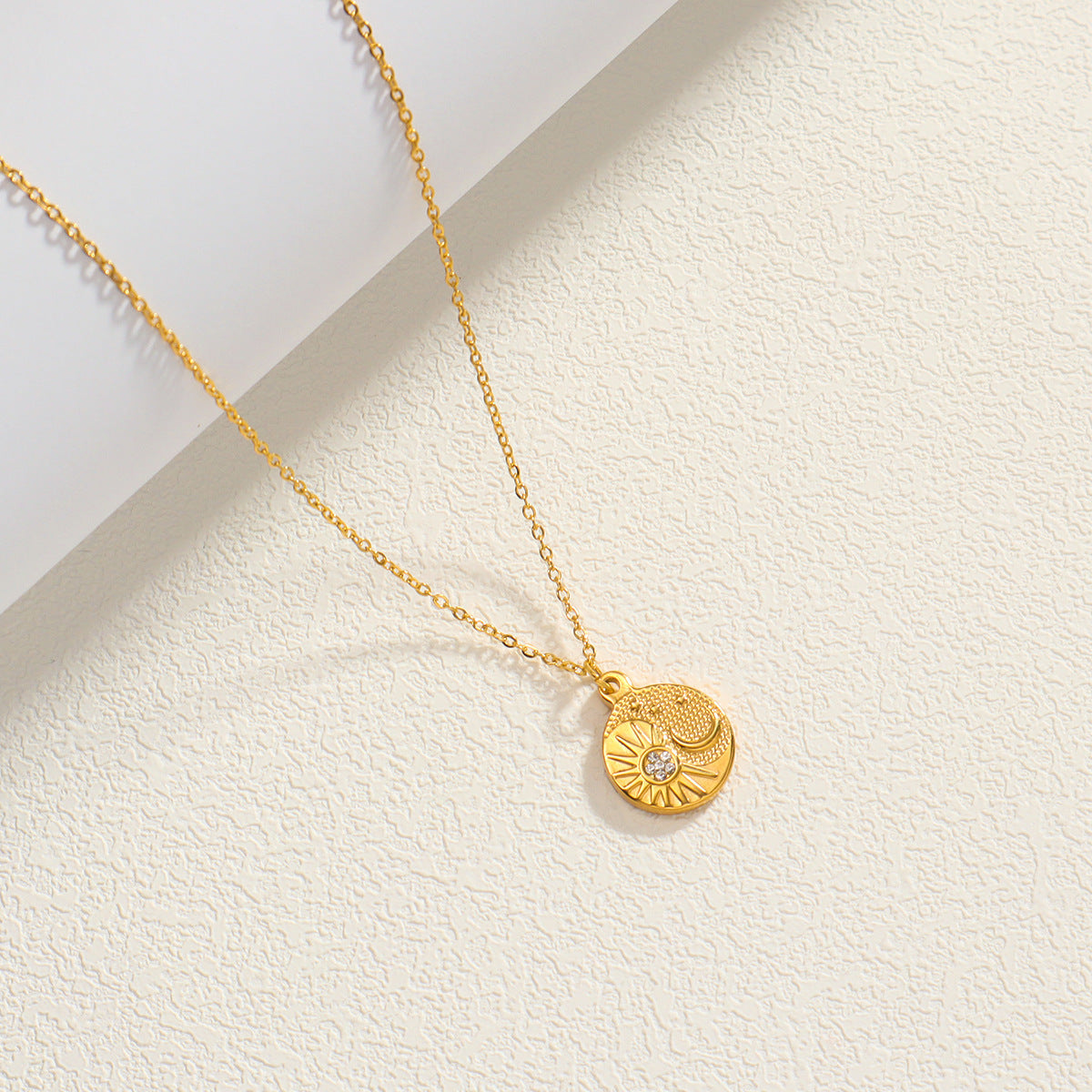 Gold Stainless Steel Zircon Star & Moon Pendant Necklace