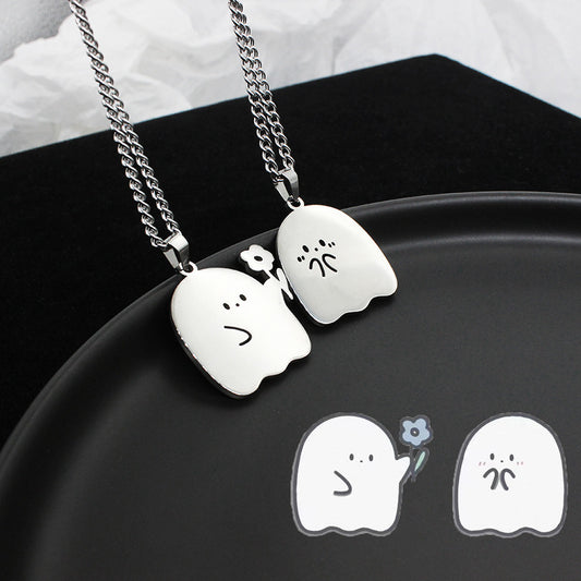 Cute Kawaii Cat Ghost Couple Necklace