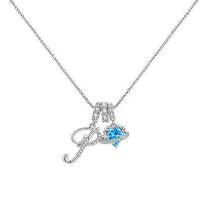 A-Z Alphabet Elegant Blue Heart Necklace with Zircons