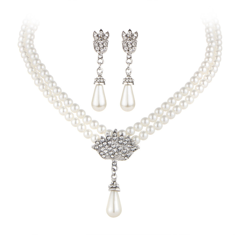 Bridal Pearl Crystal Diamond Necklace & Earring Set