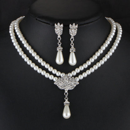 Bridal Pearl Crystal Diamond Necklace & Earring Set