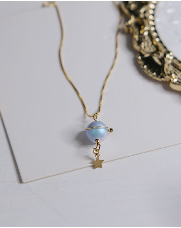 Misty Blue Pearl Planet Necklace – 925 Silver