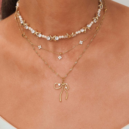 Bone Chain Bow Zircon Necklace & Earrings Set