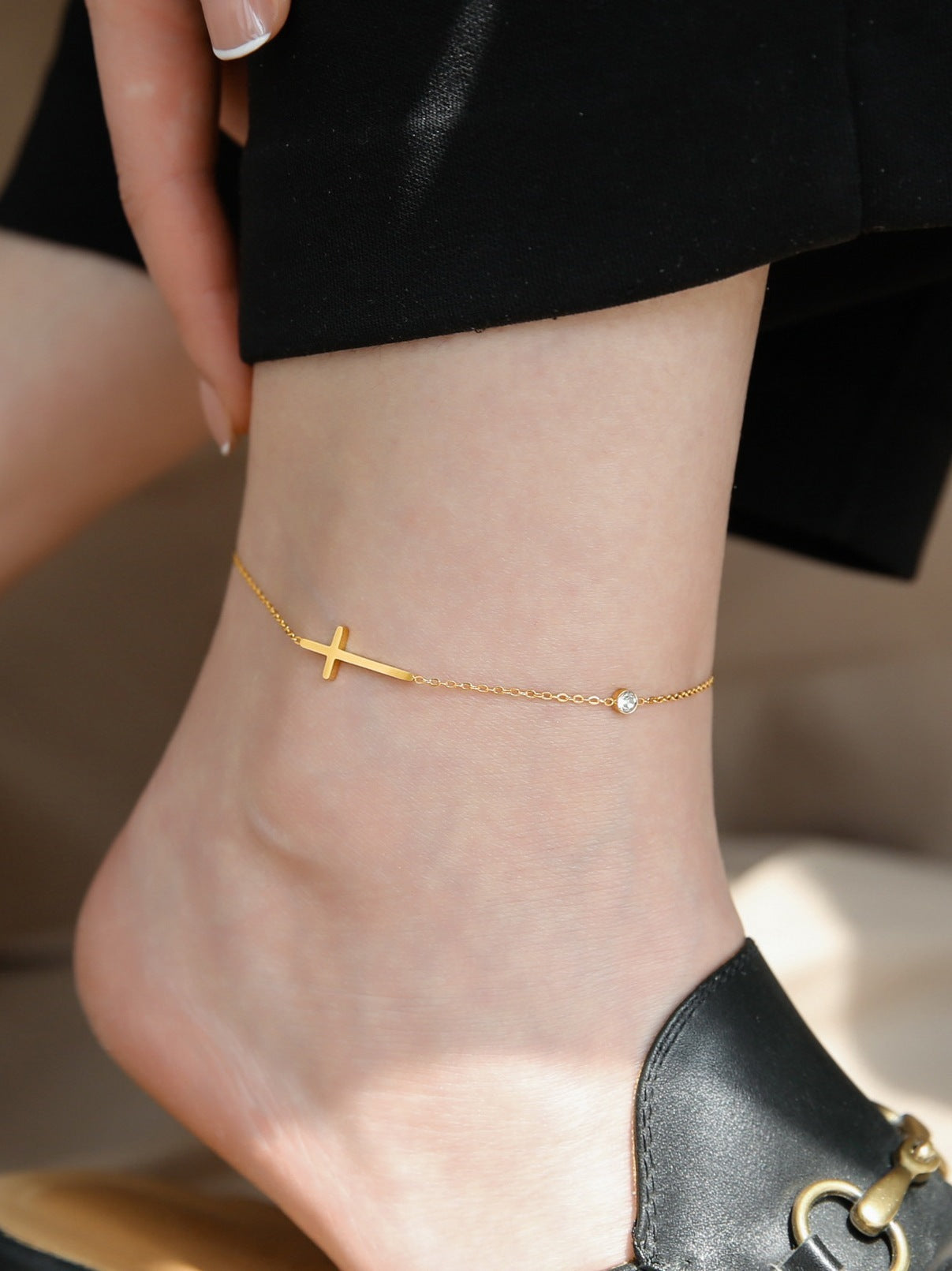 Minimalistic Zircon Cross Anklet & Bracelet Set
