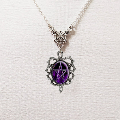 Unisex Purple Pentagram Pendant Necklace with Thorn Frame