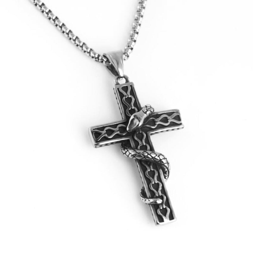 Gothic Snake Wrapped Cross Pendant Necklace