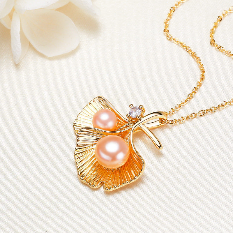 Double Leaf Zircon Pearl Pendant Necklace