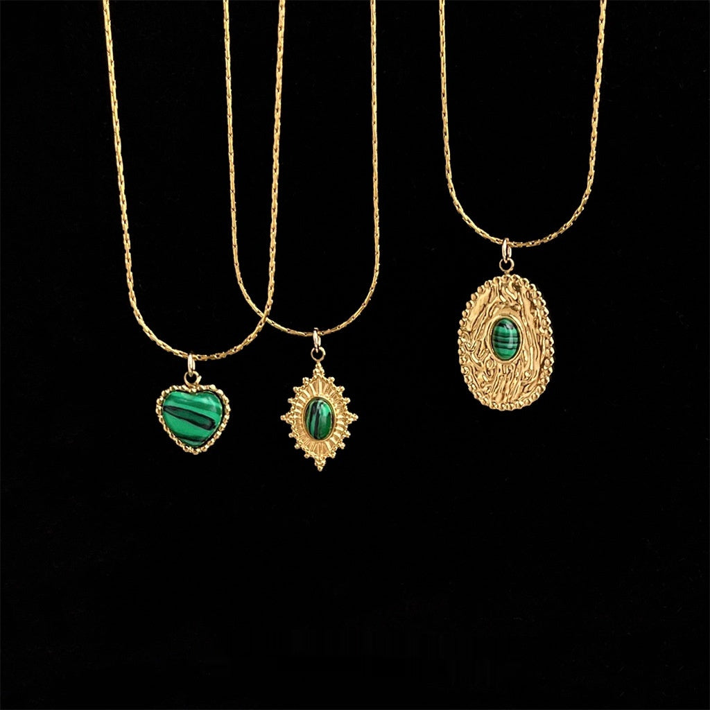 Gold Plated Oval green resin Stainless Steel Necklace