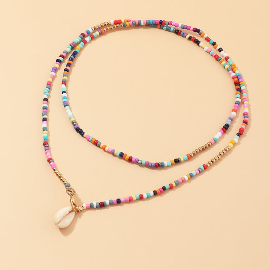 Bohemian Colorful Rice Bead & Shell Pendant Necklace