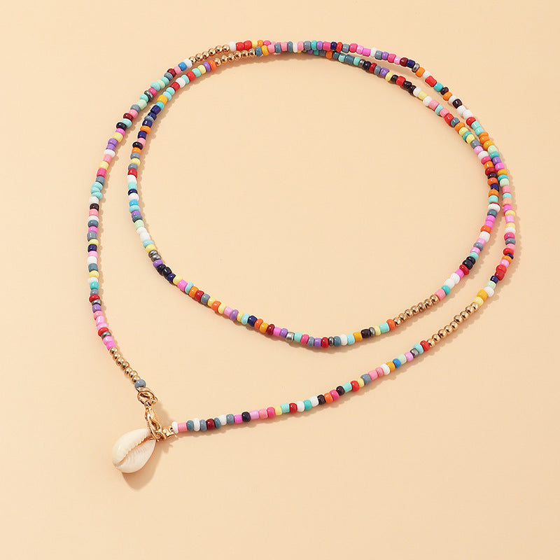 Bohemian Colorful Rice Bead & Shell Pendant Necklace