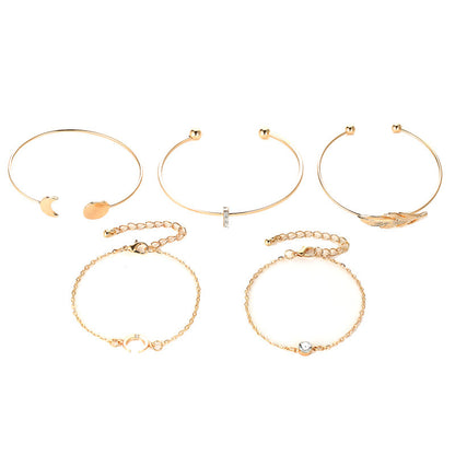 Five-Piece Punk Moon Leaf Crystal Protein Bracelet Set