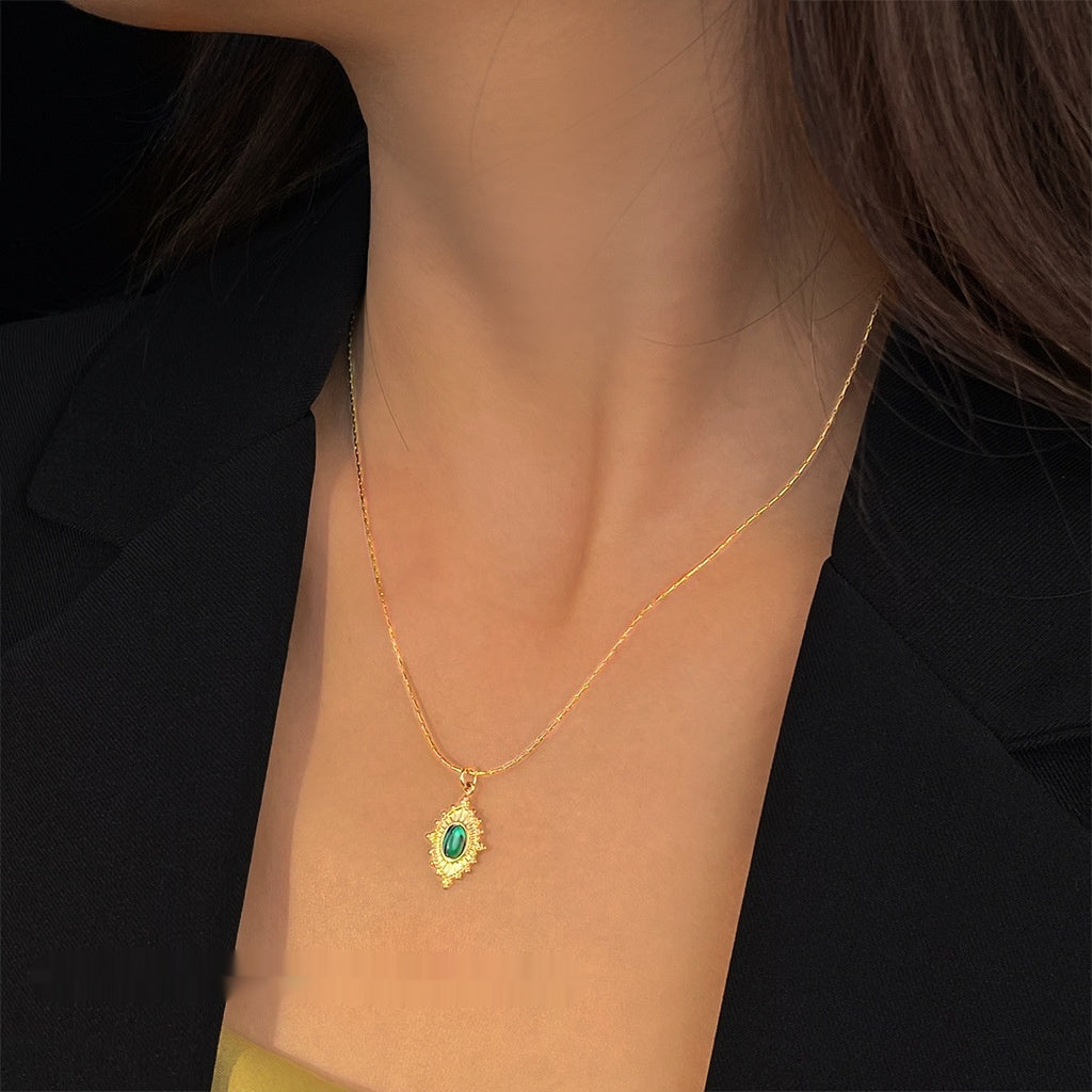 Gold Plated Oval green resin Stainless Steel Necklace