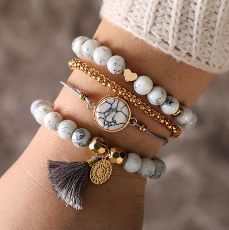 Geometric Creative Hollow Fringed Pine Stone Bracelet Four-Piece Set