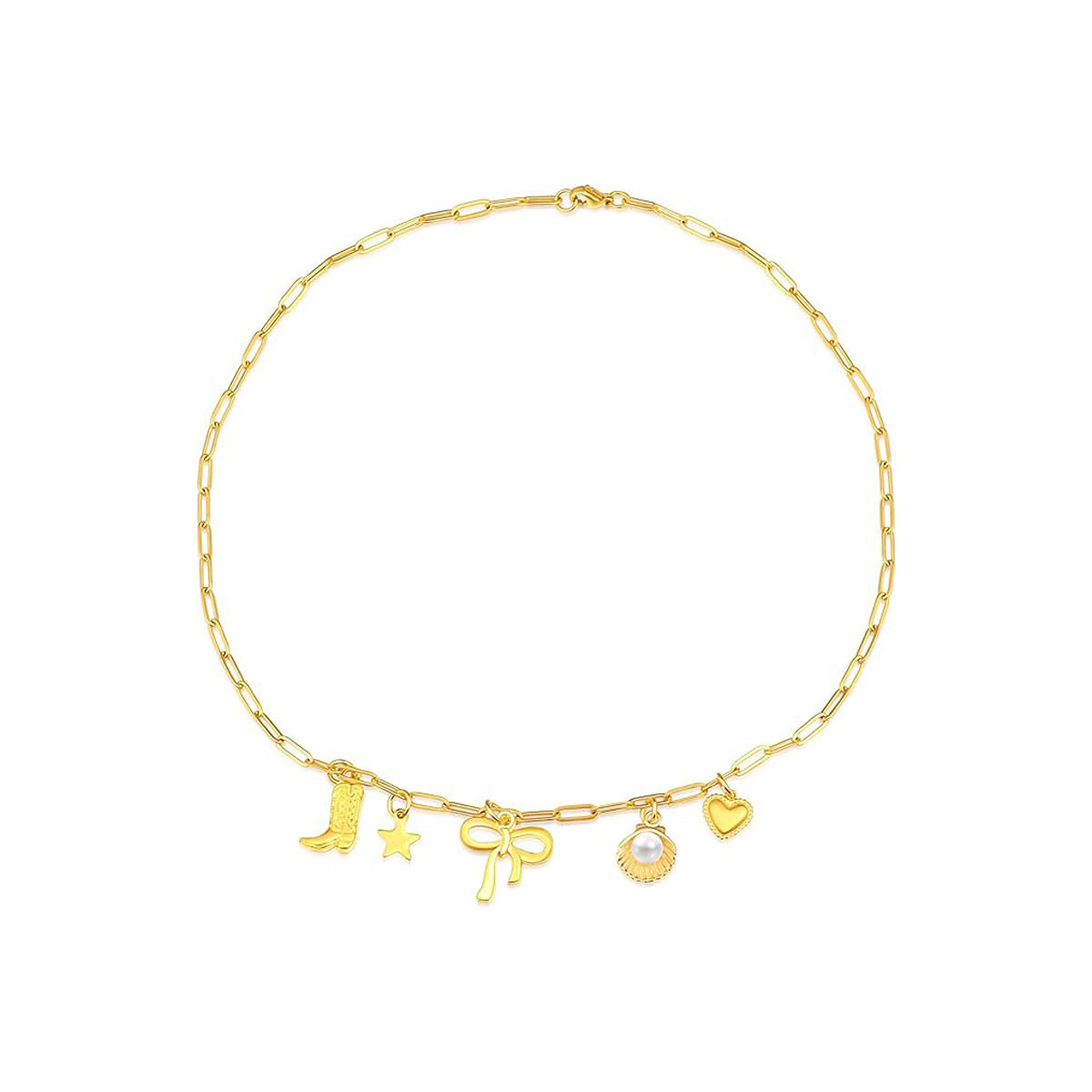 Gold Clip Necklace with Bow & Five-Pointed Star
