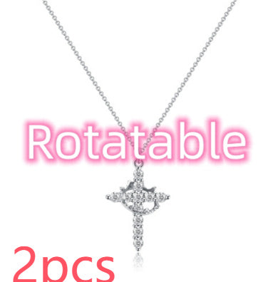 Cross Full Diamond Crown Rotatable Necklace