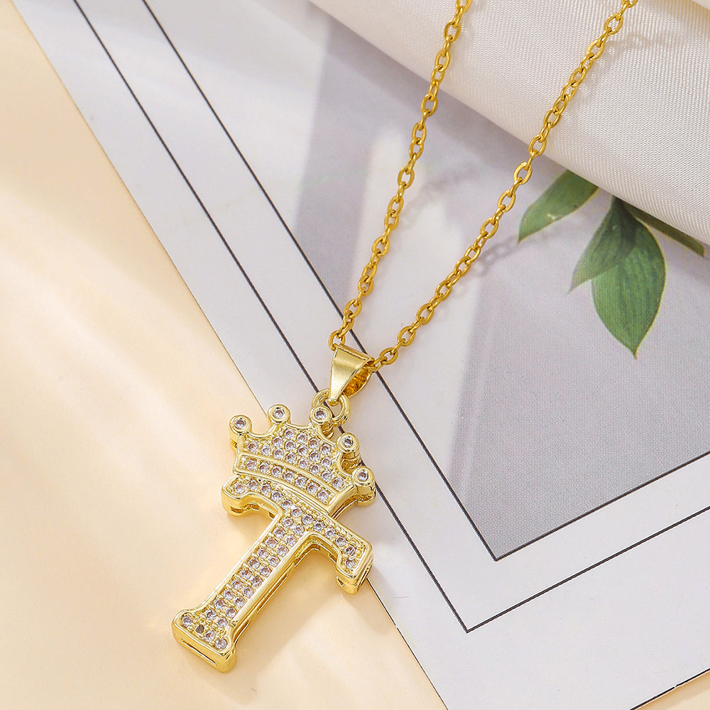 Gold Crown A-Z Pendant Necklace