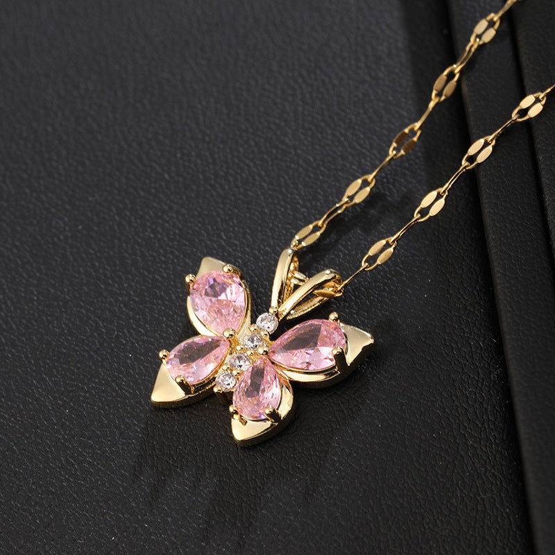 Butterfly Pink & Gold Titanium Steel Necklace