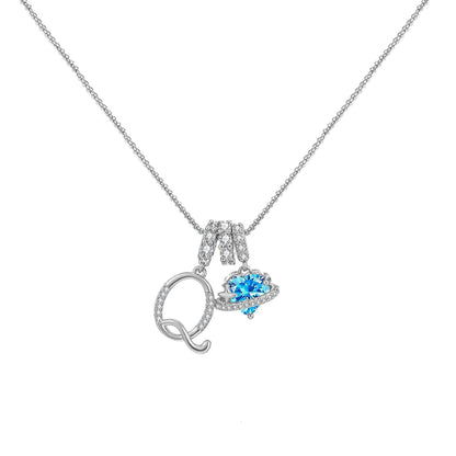 A-Z Alphabet Elegant Blue Heart Necklace with Zircons