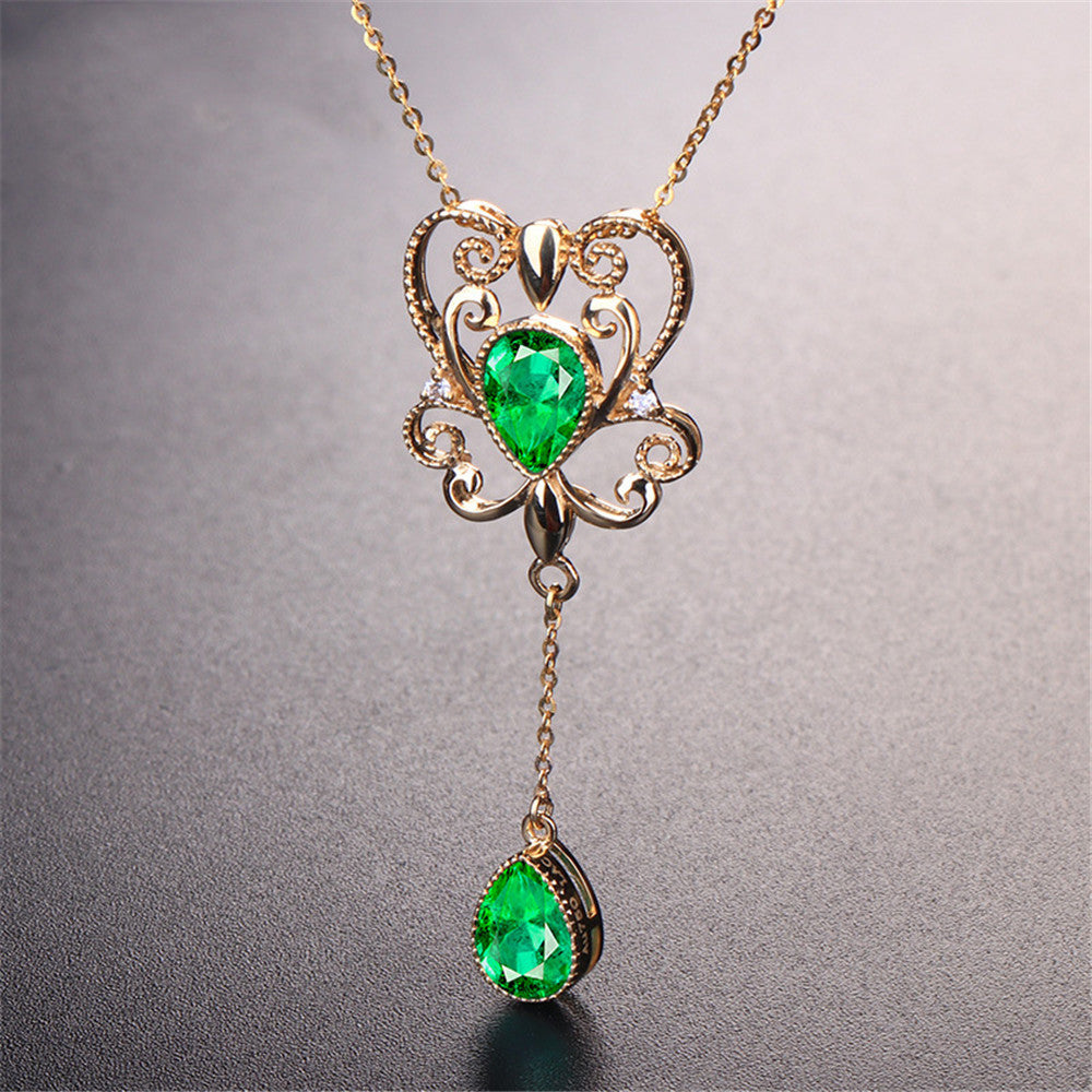 Emerald Color Hollow Bow Pendant Necklace