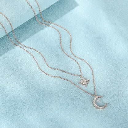 Double Layer Twin Diamond Star and Moon Necklace