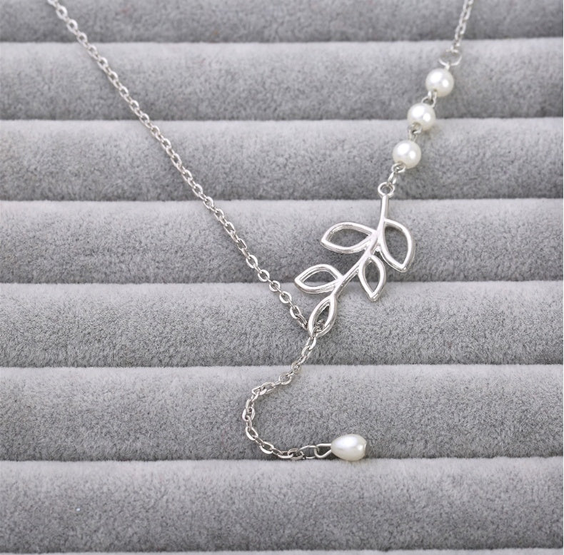 Leaf Pearl Drop Clavicle Chain Necklace