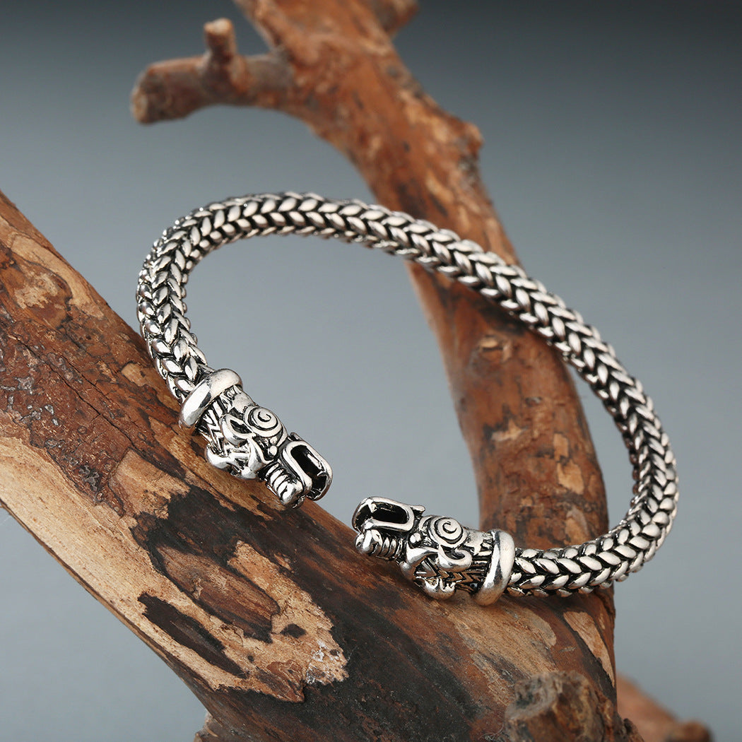 Asgard Crafted Grey Wolf Head Torc Bracelet