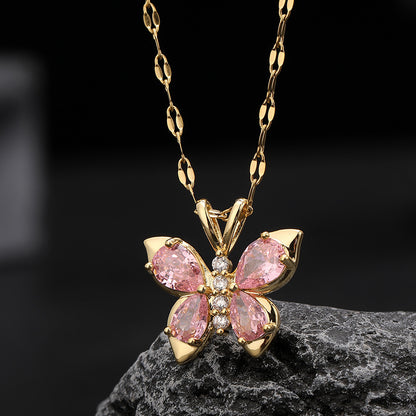 Butterfly Pink & Gold Titanium Steel Necklace