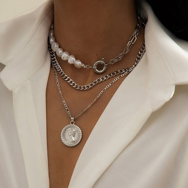 Multi-Layer Pearl & Coin Necklace for Women