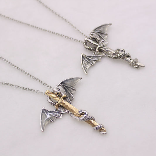 Glorious Dragon Pendant Necklace with Dark Sword – Unique Fantasy Jewellery