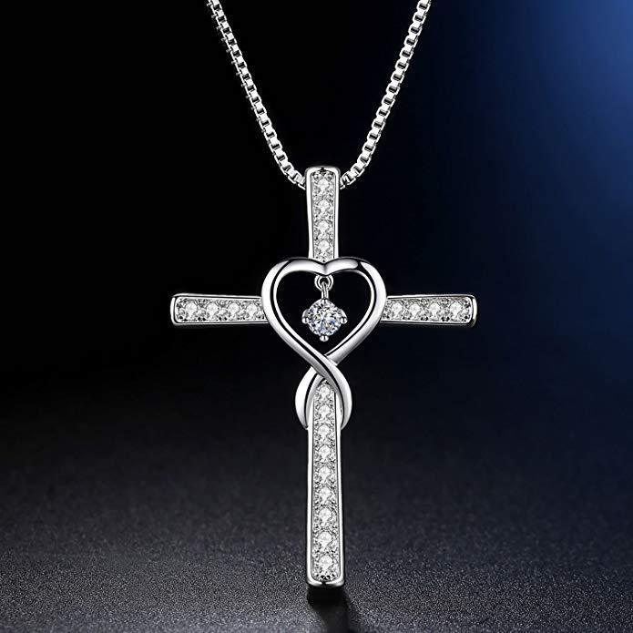 Infinity Love God We Trust Christian Cross Birthstone Crystal Pendant Necklace